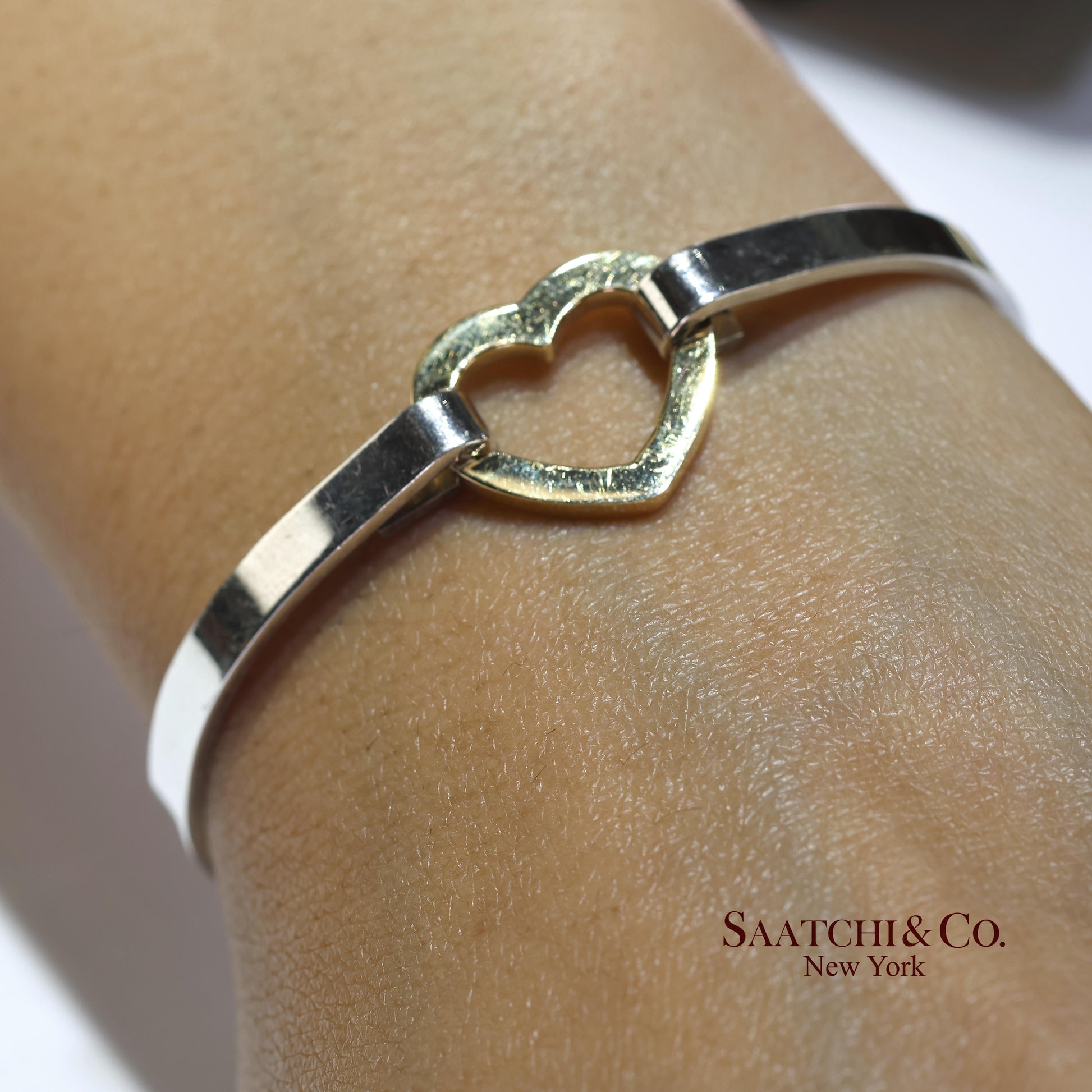 18K(750) Yellow Gold and Tiffany & Co 925 Sterling Silver Heart Bangle Bracelet