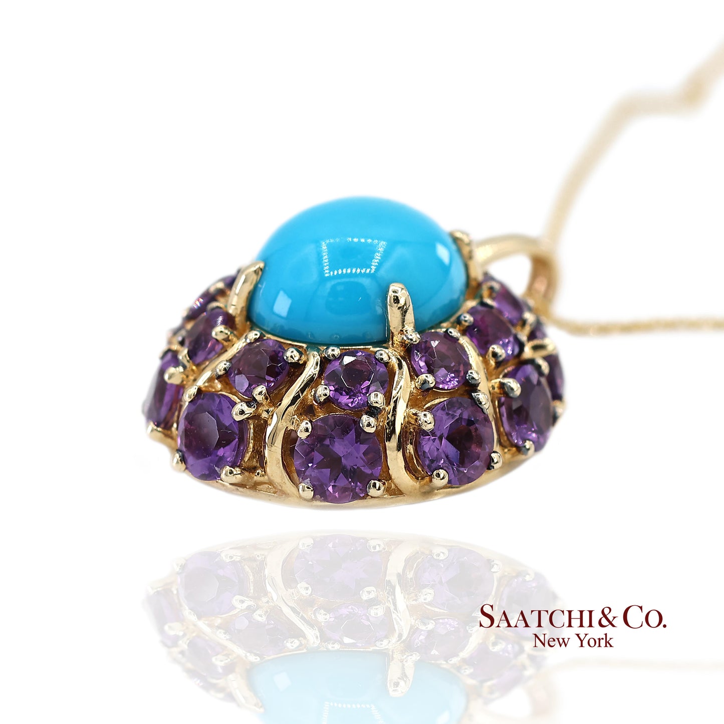 14K Yellow Gold Carlo Viani Turquoise and Amethyst Pendant Necklace with Chain