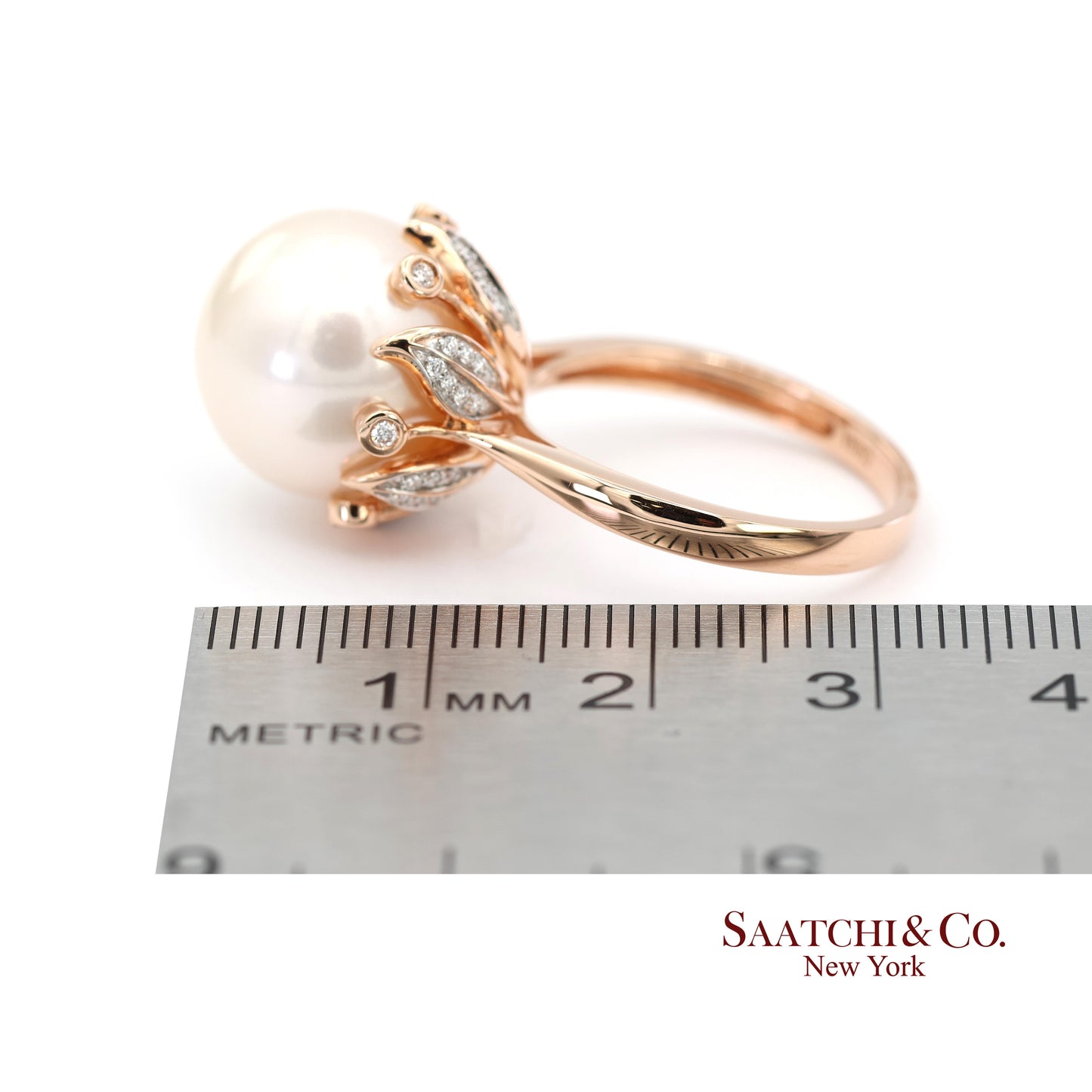 14K (585) Rose Gold Natural Brilliant Diamond and White Pearl Ring