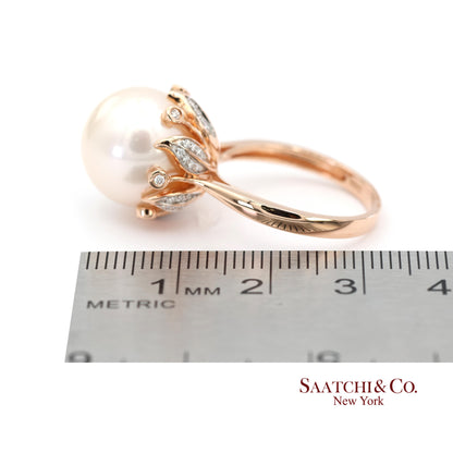 14K (585) Rose Gold Natural Brilliant Diamond and White Pearl Ring