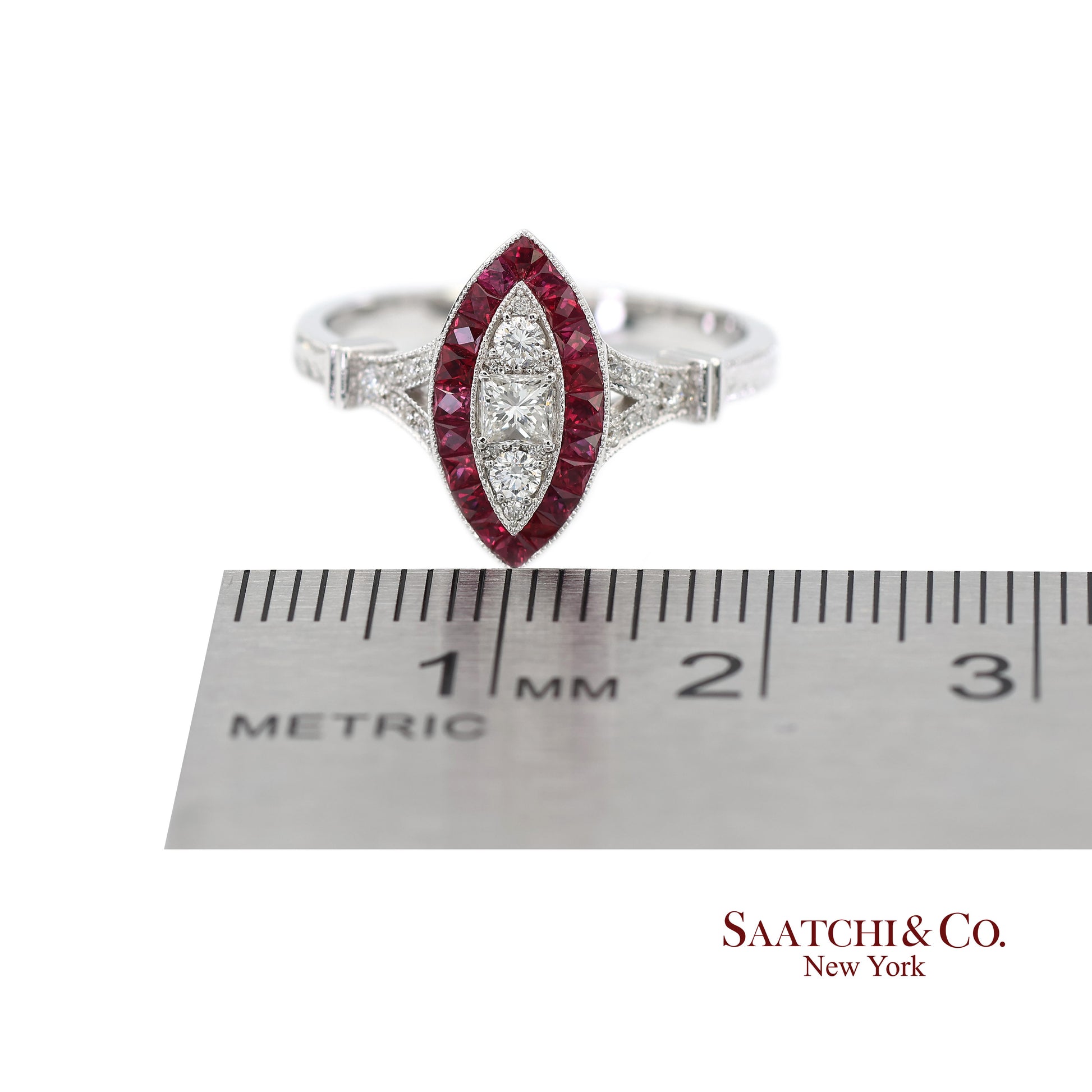18K (750) White Gold Natural Diamond and Marquise Ruby Milgrain Ring