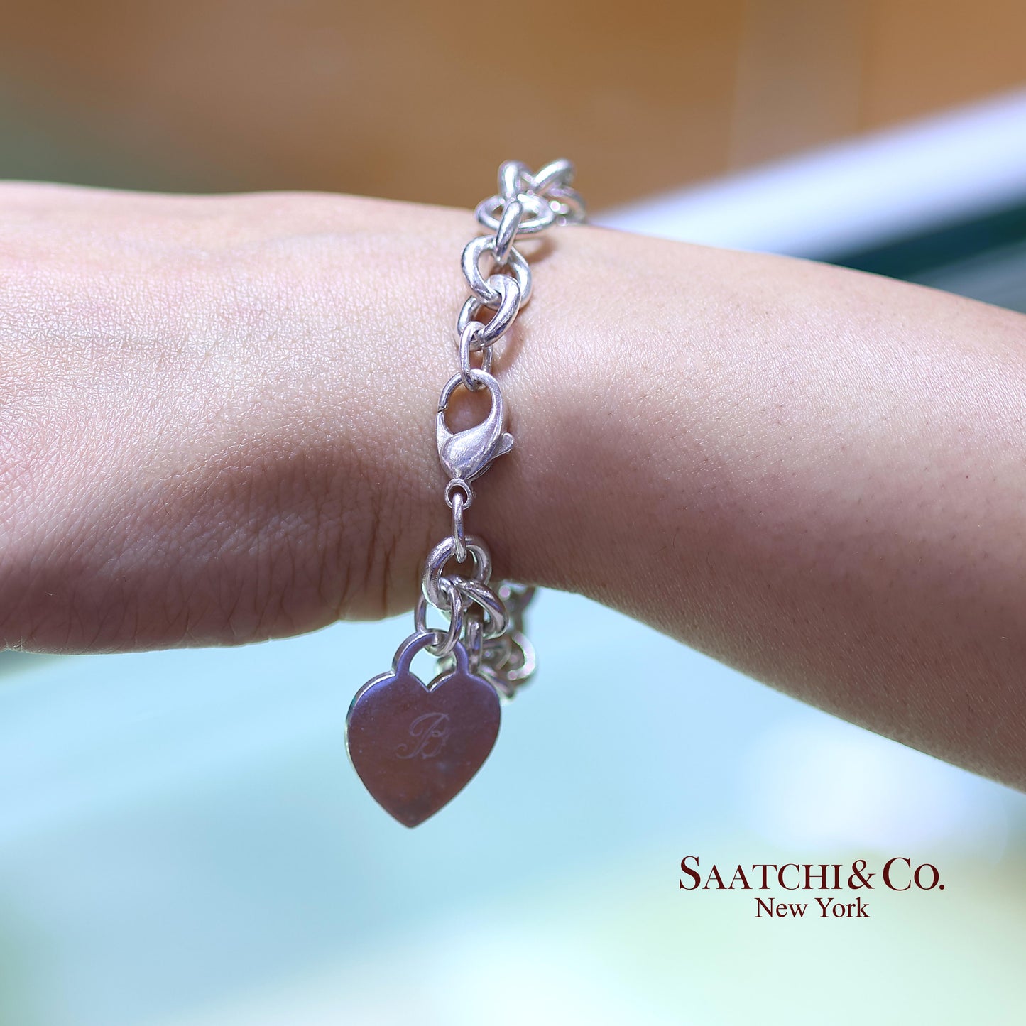 Tiffany & Co. 925 Sterling Silver Heart Charm Cable Chain Bracelet