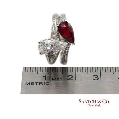 18K(750) Solid White Gold Natural Diamond and Ruby Toi et Moi Ring