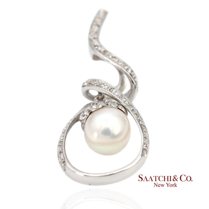 18K (750) White Gold Natural Diamond and White Pearl Pendant Necklace