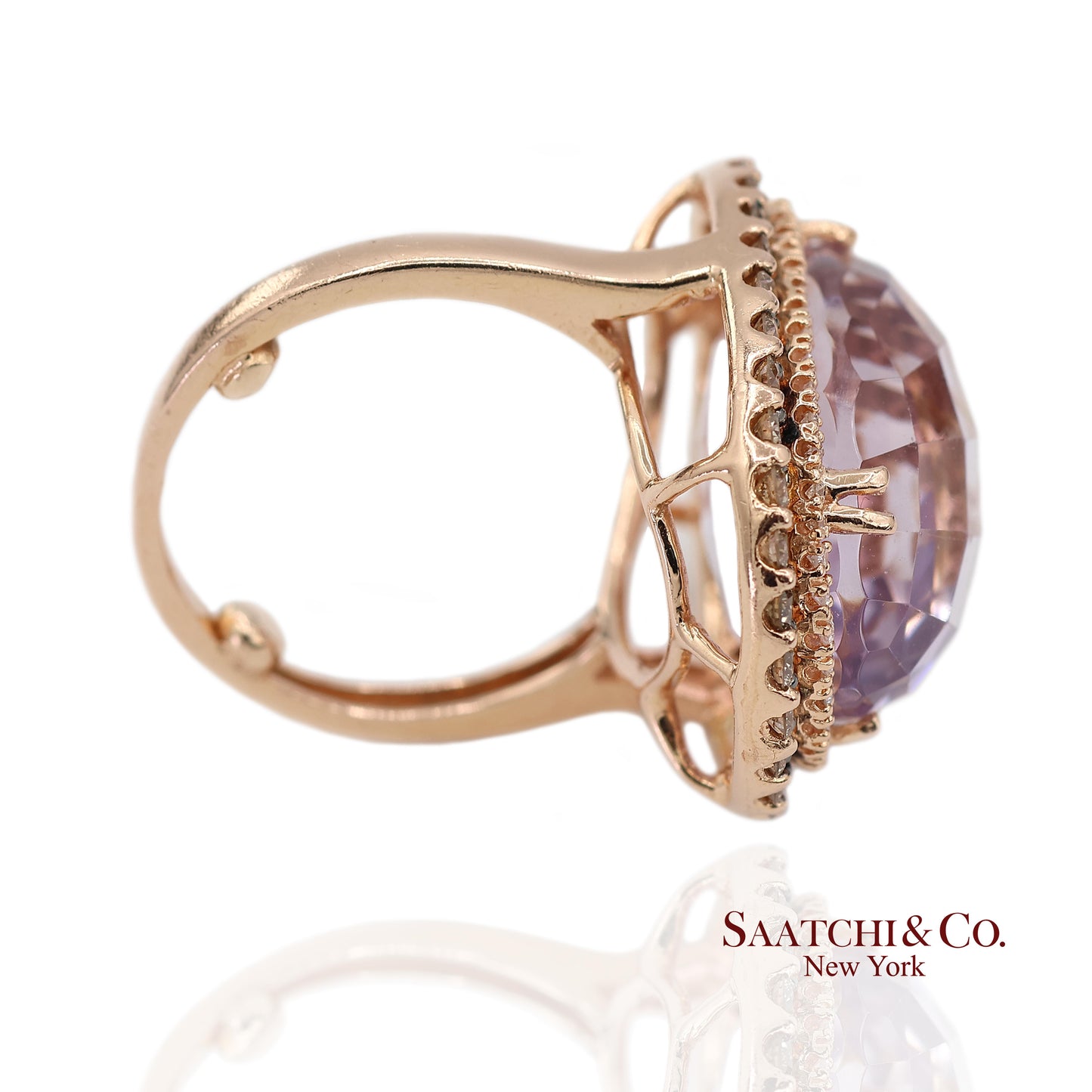 14K (585) Rose Gold Natural Diamond and Amethyst Ring