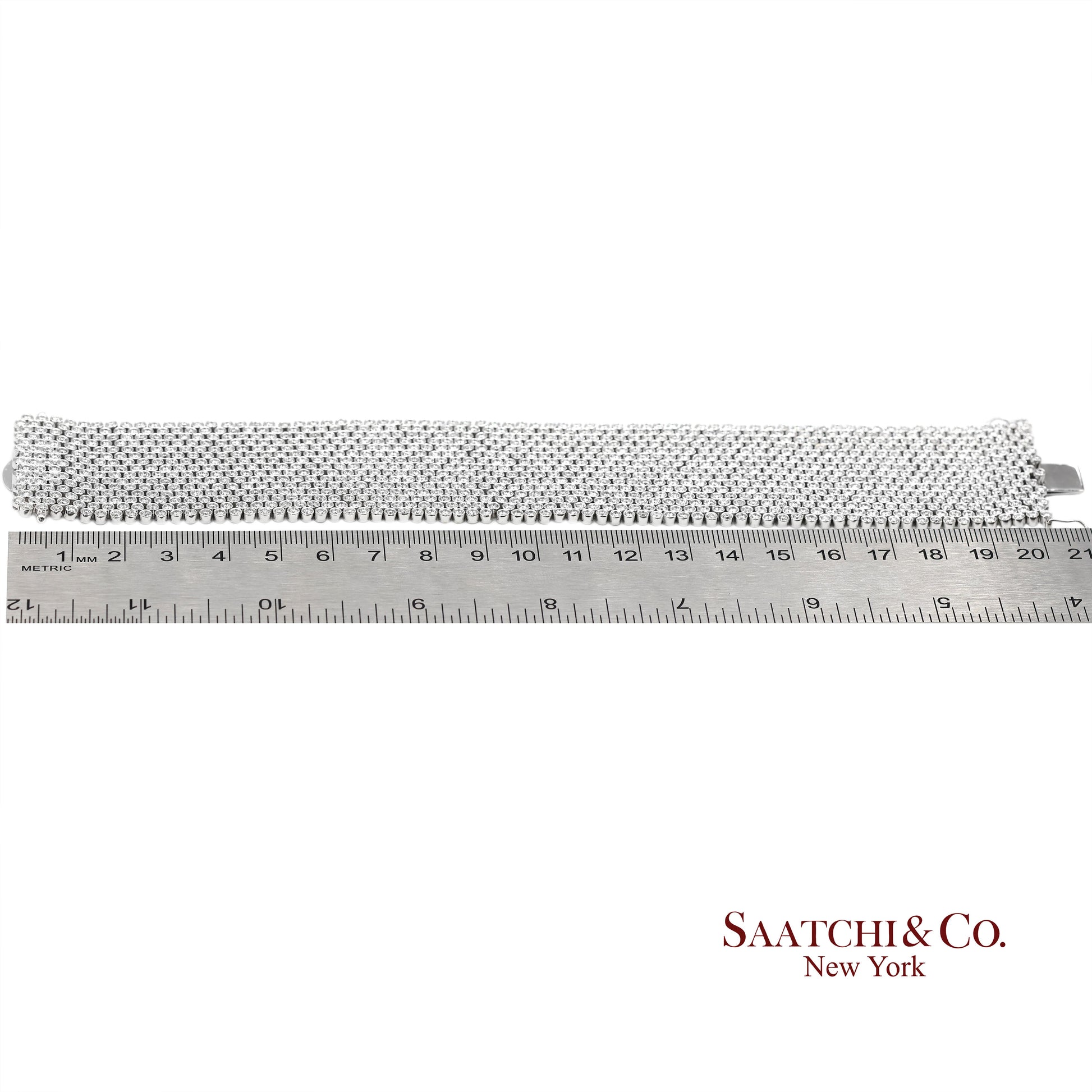 18K (750) White Gold Natural Diamond Wide Mesh Bracelet 15 Rows