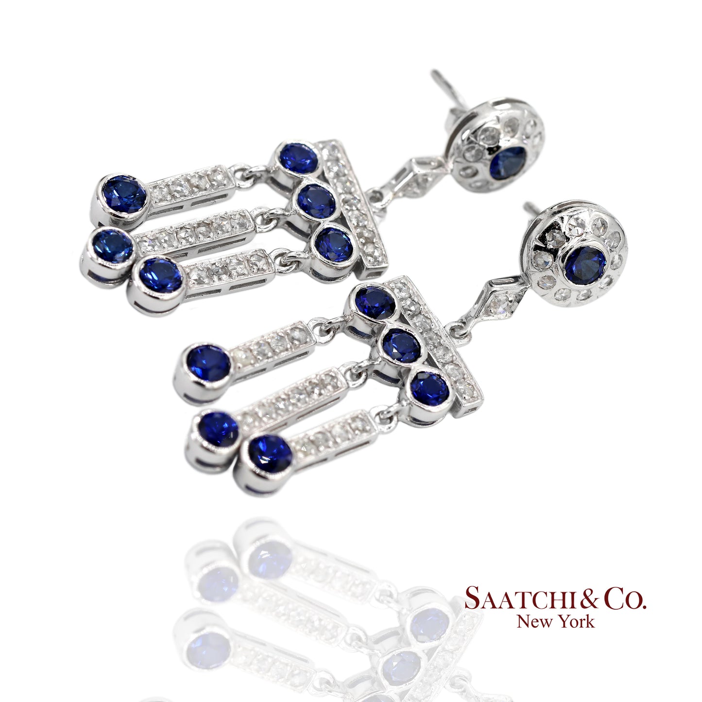 14K(585) Vintage White Gold Natural Diamond and Sapphire Earrings