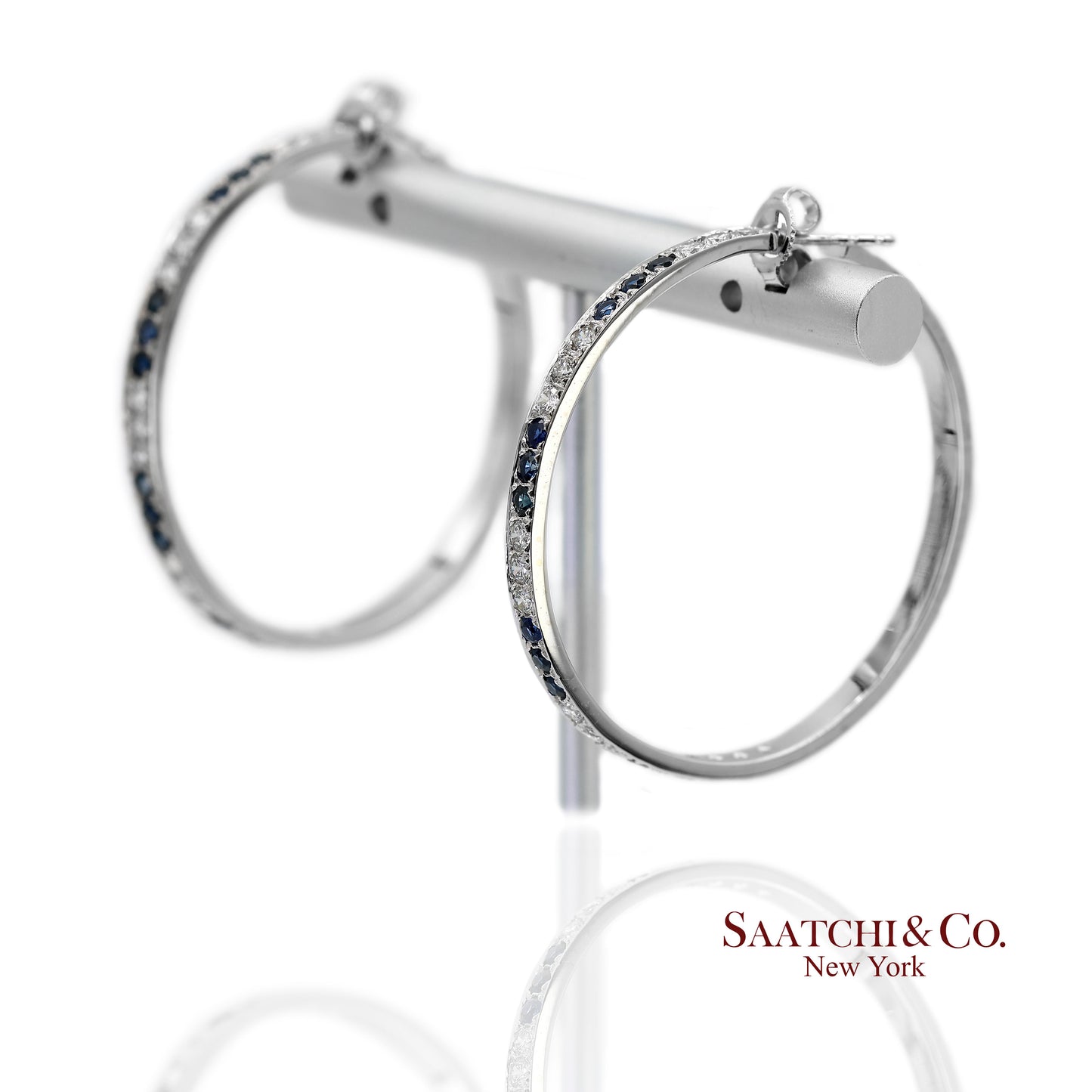 18K(750) Solid White Gold Natural Diamond and Sapphire Hoops Earrings