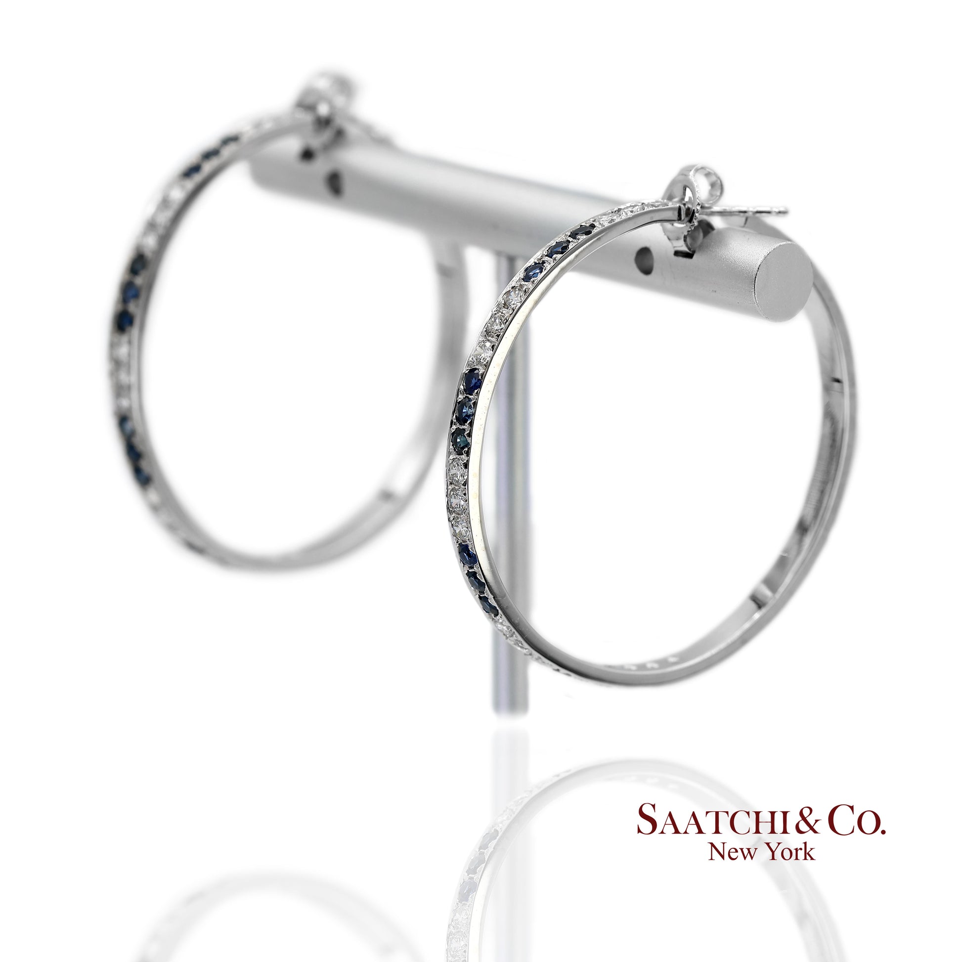 18K(750) Solid White Gold Natural Diamond and Sapphire Hoops Earrings