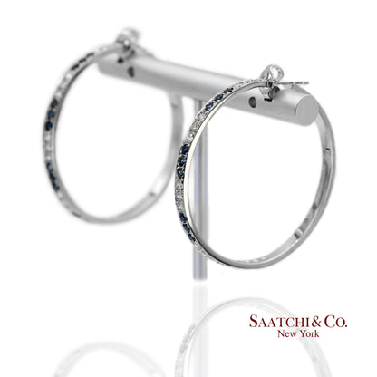 18K(750) Solid White Gold Natural Diamond and Sapphire Hoops Earrings