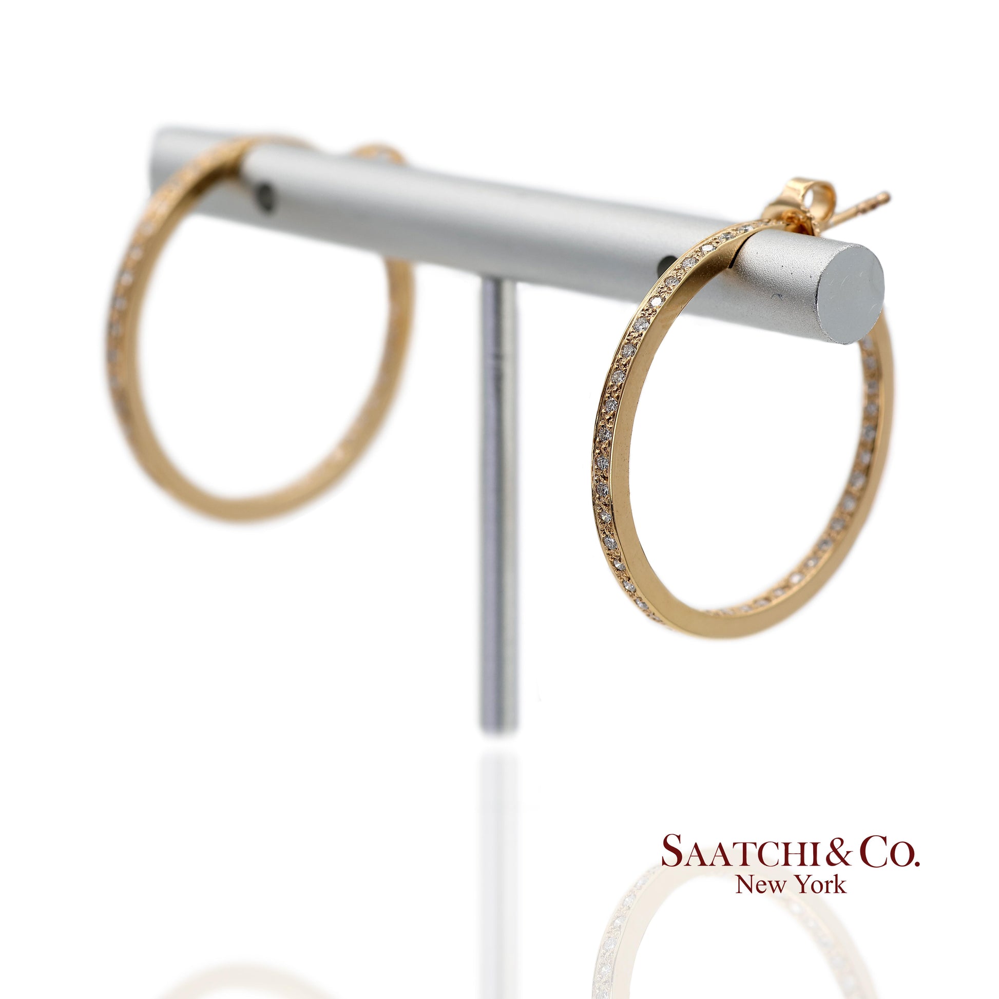 18K(750) Solid Yellow Gold In and Out Natural Diamond Hoop Earrings