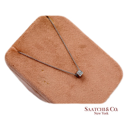 18K(750) White Gold Natural Diamond Square Box Shape Pendant Necklace with Chain