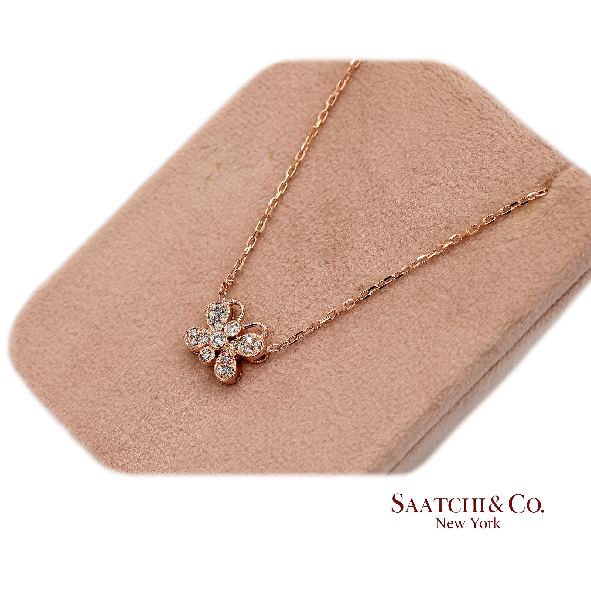 14K(585) Rose Gold Natural Diamond Butterfly Pendant Necklace with Chain