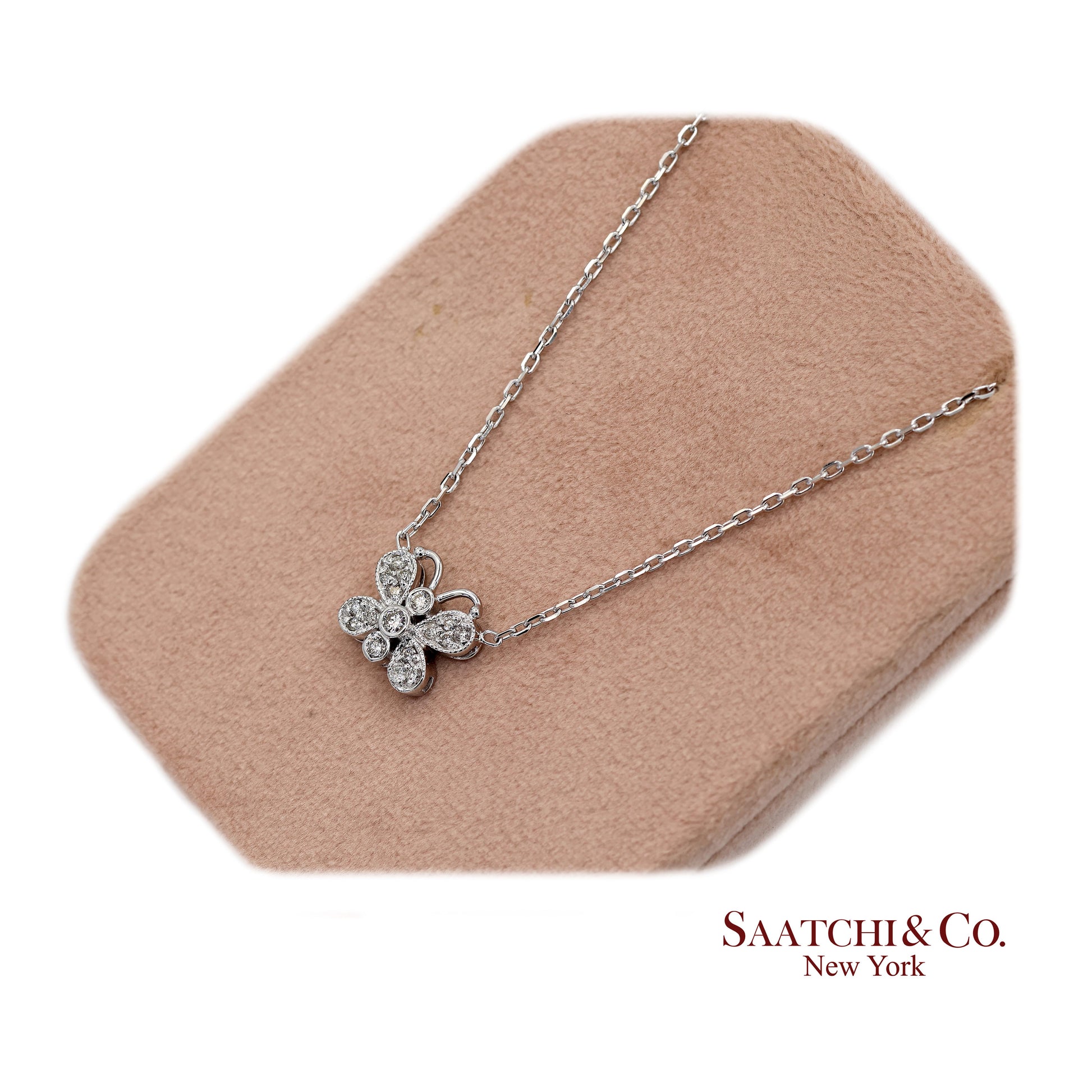 14K(585) White Gold Natural Diamond Butterfly Pendant Necklace with Chain