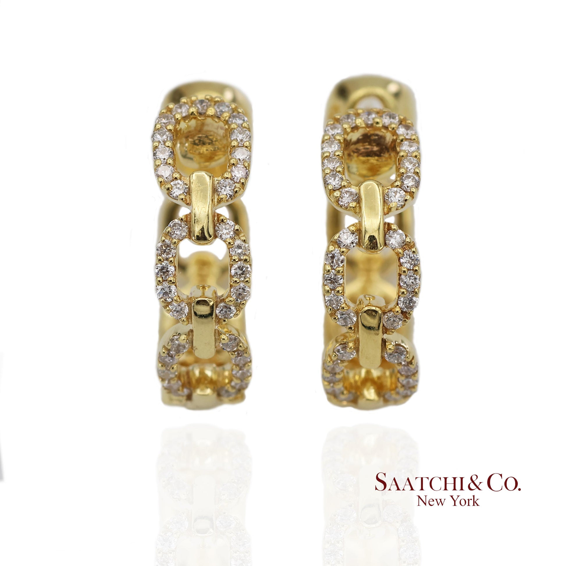 14K(585) Solid Yellow Gold Natural Diamond Link Chain Huggies Earrings