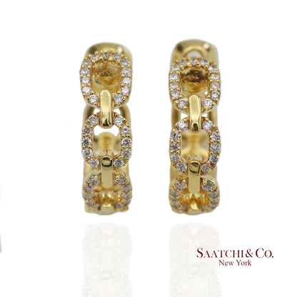14K(585) Solid Yellow Gold Natural Diamond Link Chain Huggies Earrings