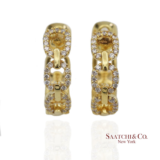 14K(585) Solid Yellow Gold Natural Diamond Link Chain Huggies Earrings
