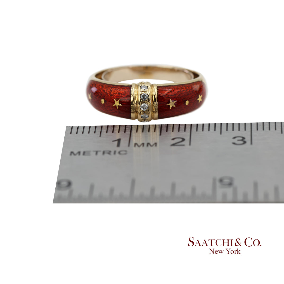 Vintage Faberge 18K (750) Solid Yellow Gold Red Enamel Diamond Ring