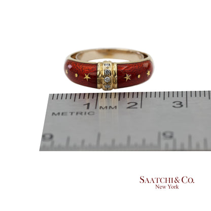 Vintage Faberge 18K (750) Solid Yellow Gold Red Enamel Diamond Ring
