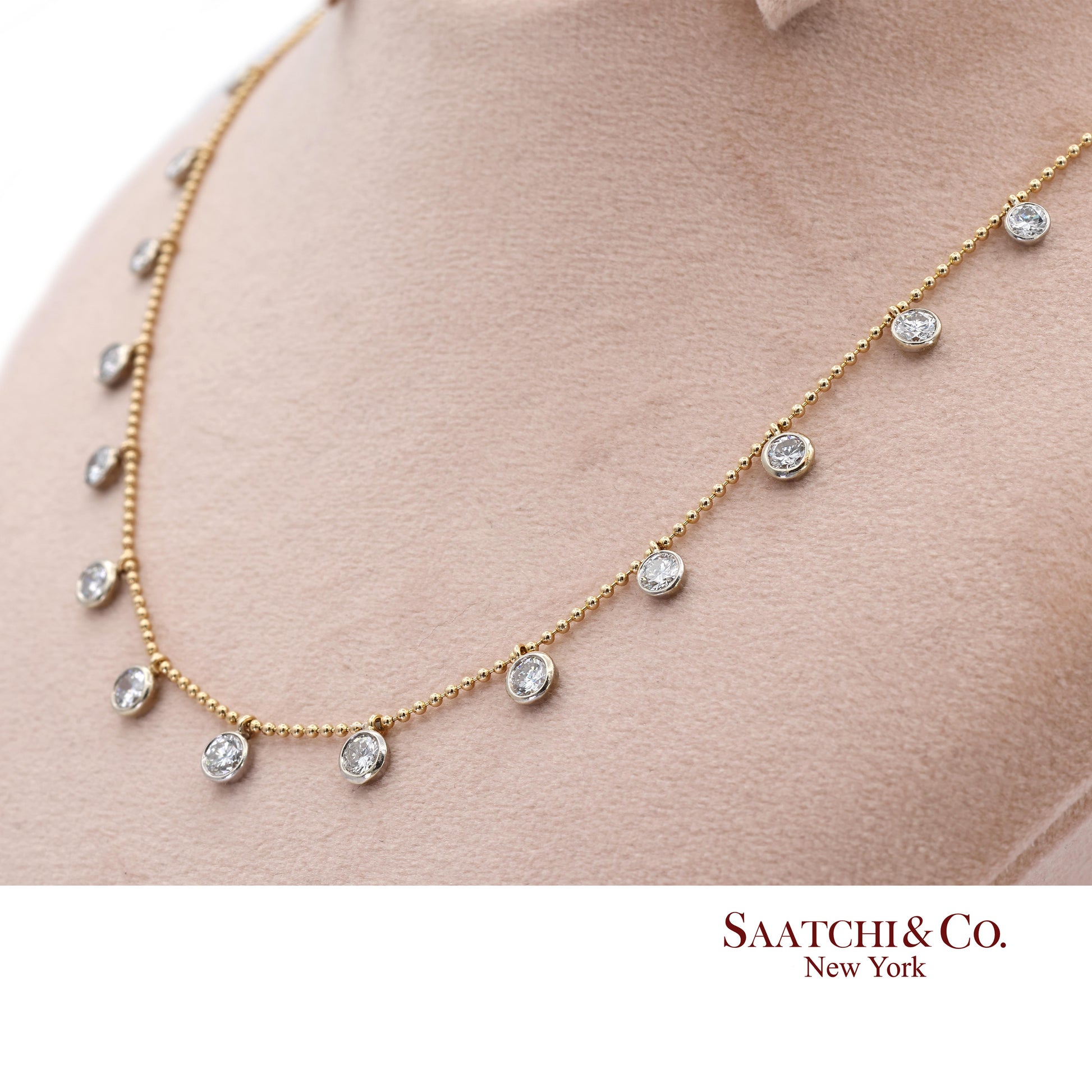 14K(585) Yellow & White Gold Natural Diamond Graduated Drop By the Yard Necklace