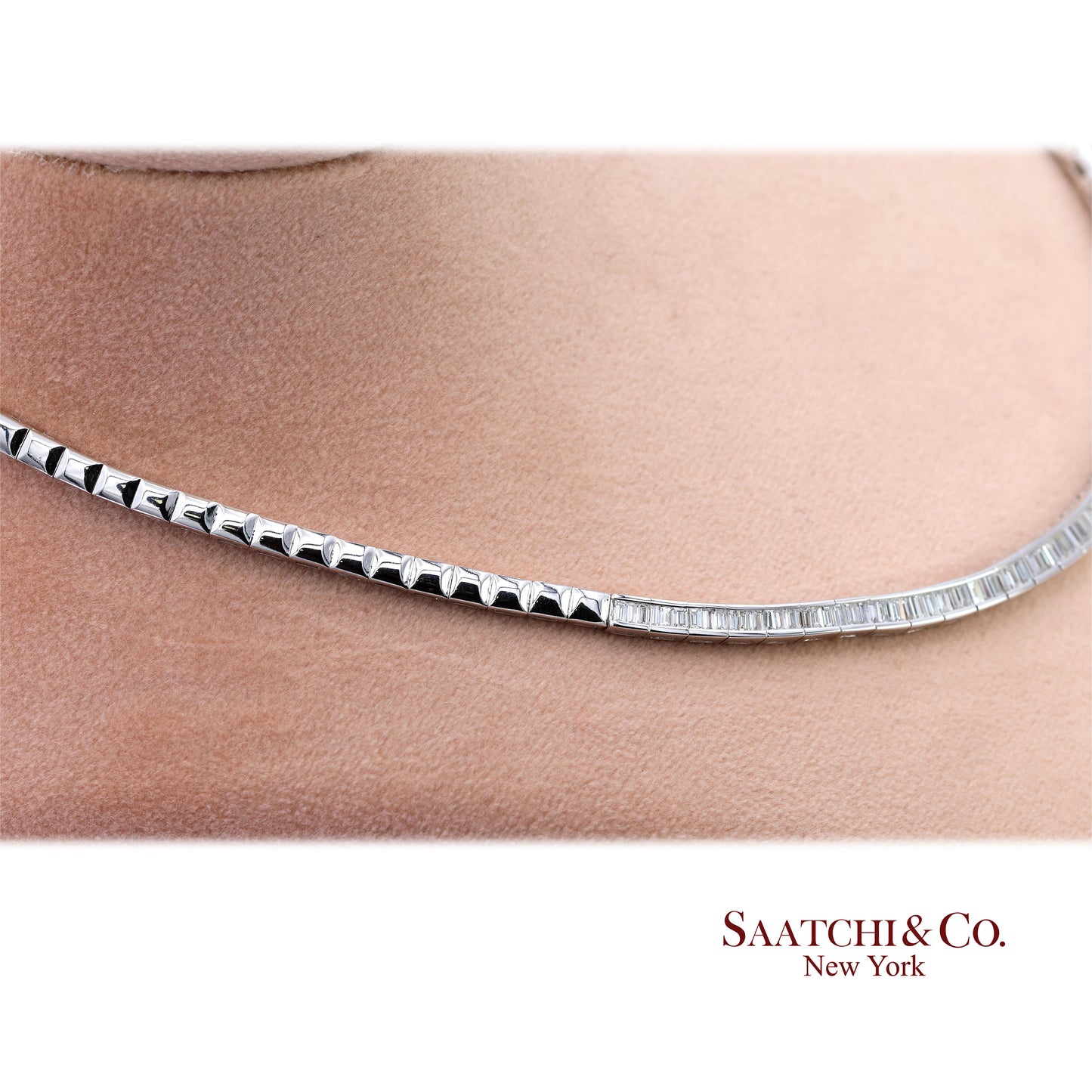 18K 750 Solid White Gold Natural Diamond Buguatte Tennis Necklace