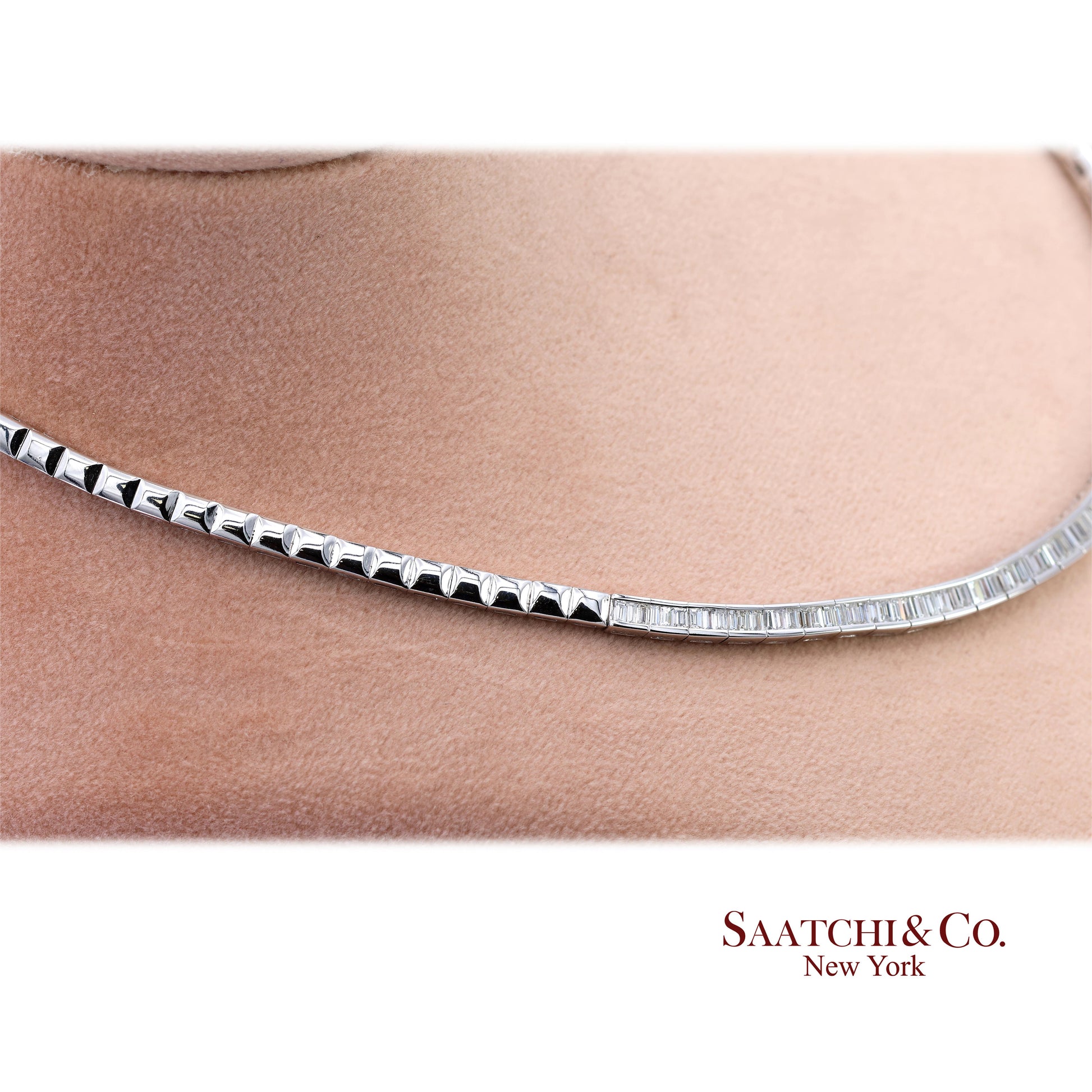 18K 750 Solid White Gold Natural Diamond Buguatte Tennis Necklace