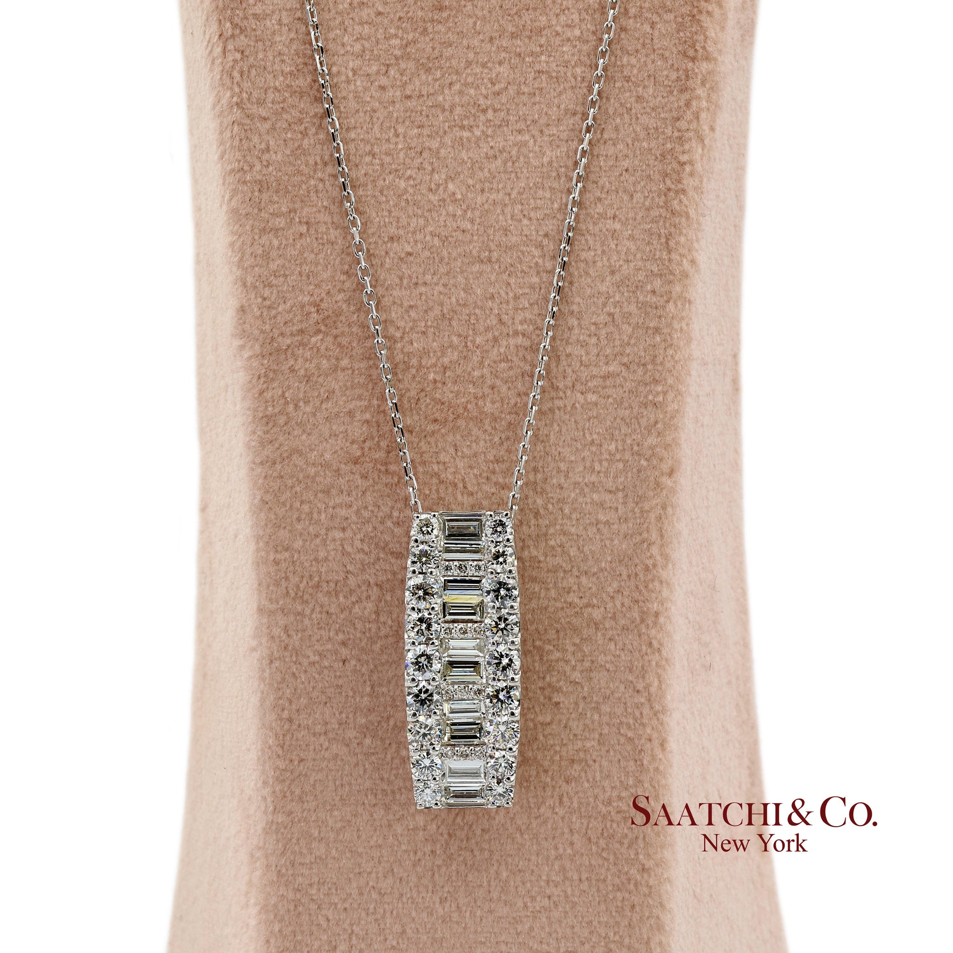 Solid Platinum 900 Baguette & Round Cut Natural Diamond Pendant Necklace