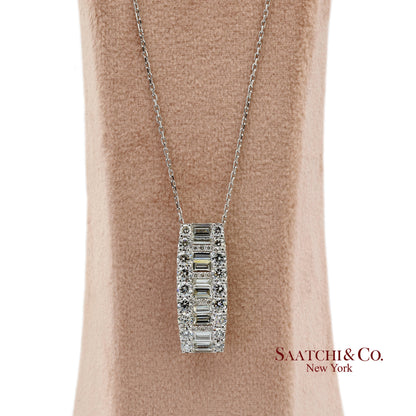 Solid Platinum 900 Baguette & Round Cut Natural Diamond Pendant Necklace