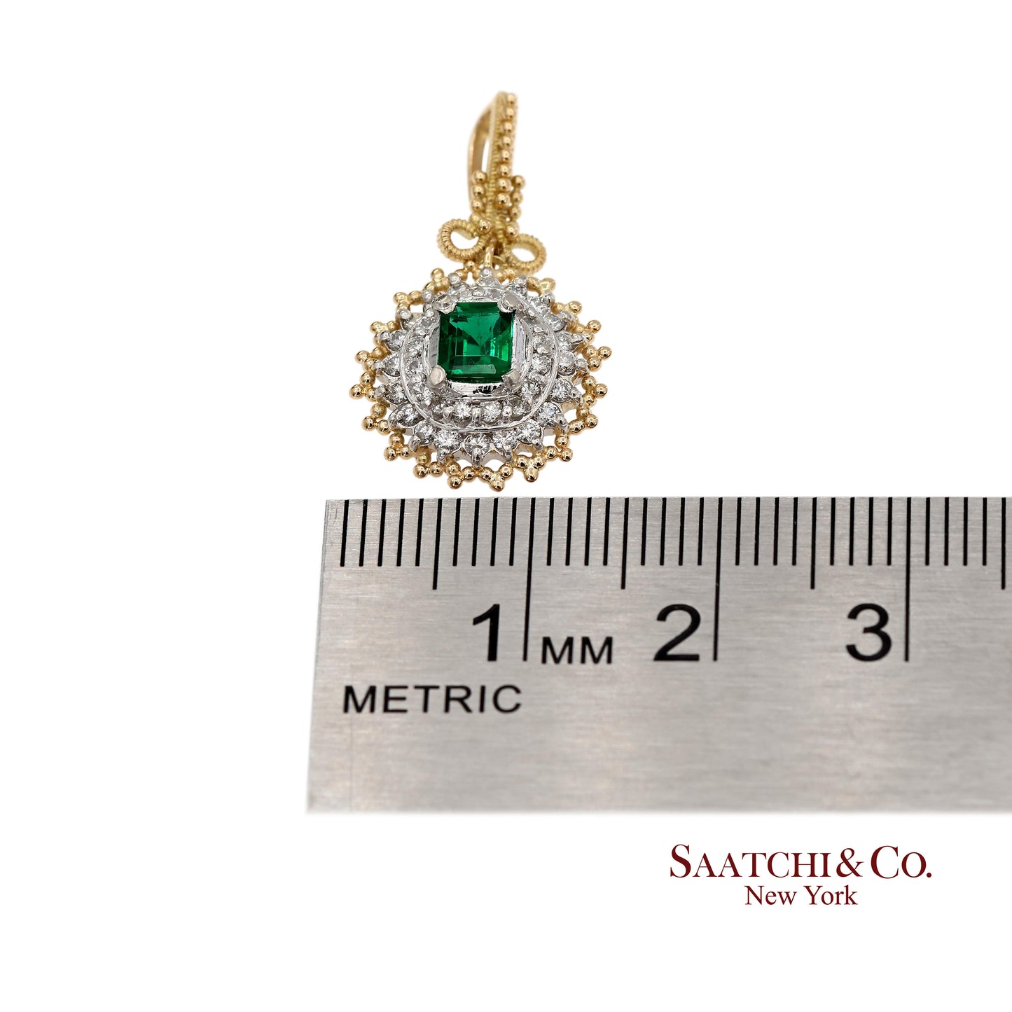 18K 750 Solid Yellow Gold & Platinum 900 Natural Diamond and Emerald Pendant
