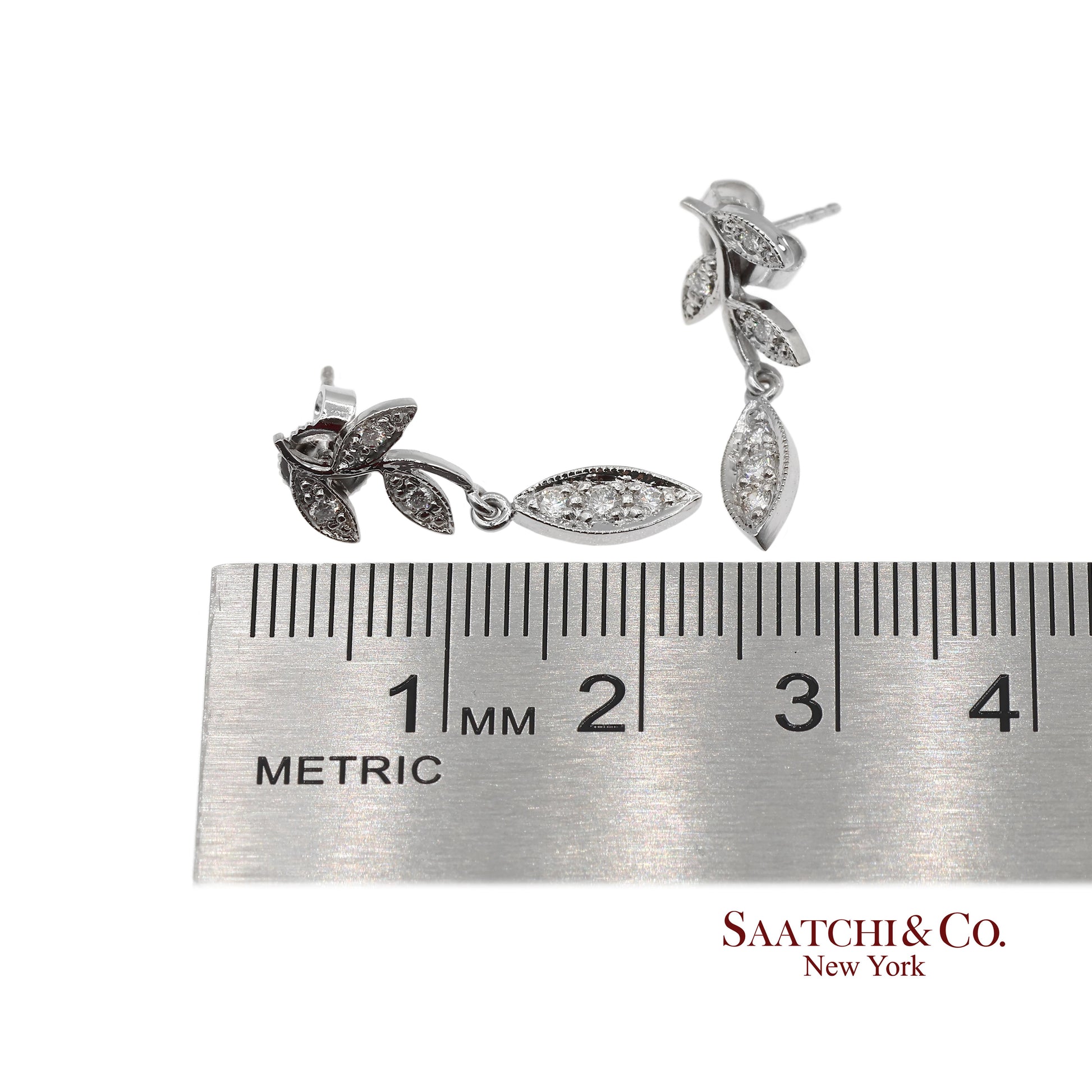 18K 750 Solid White Gold Marquise Shape Natural Diamond Leaf Drop Earrings