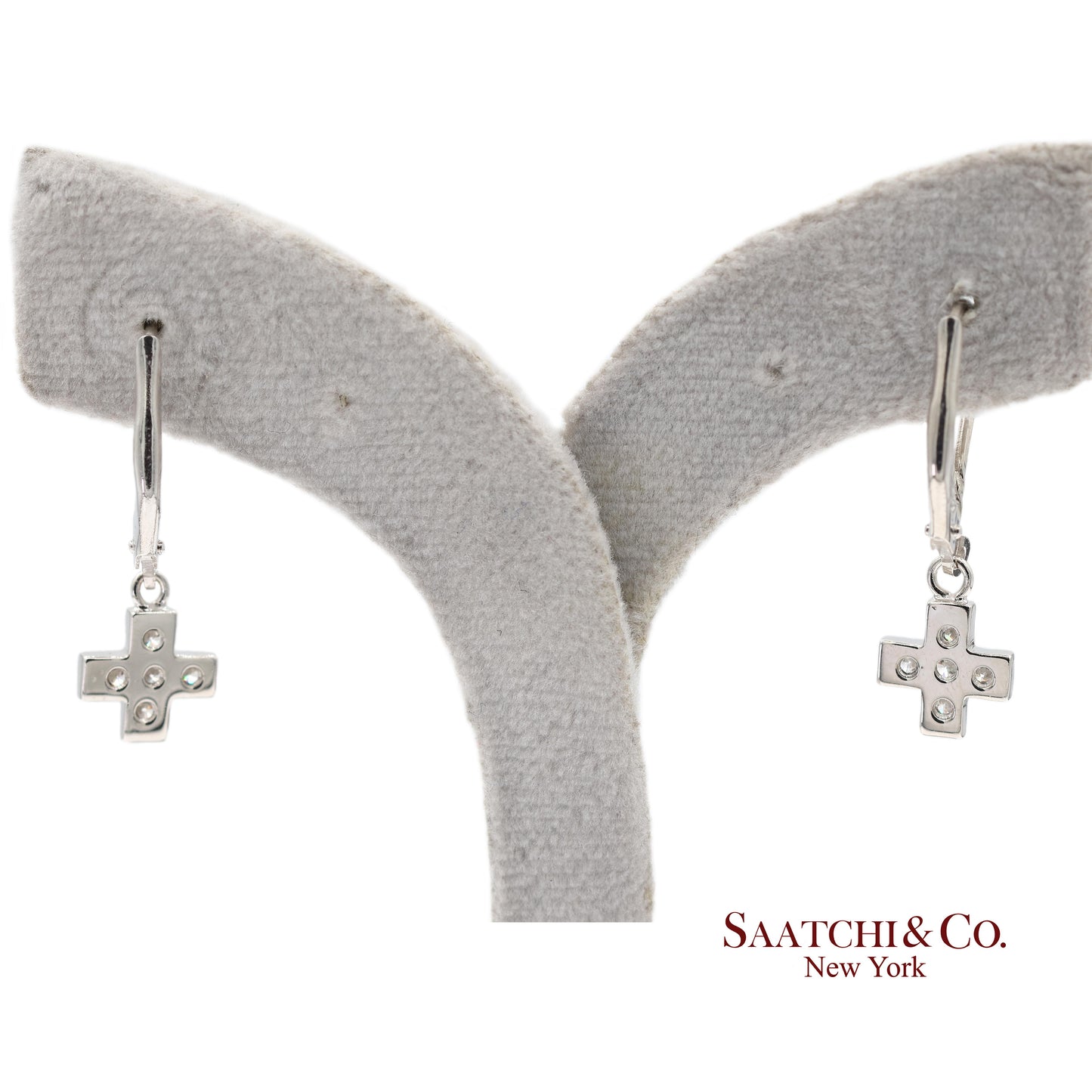 18K 750 Solid White Gold Natural Diamond Drop Hanging Cross Shape Earrings