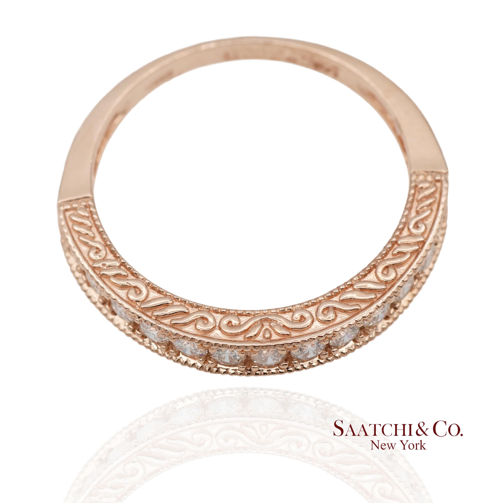 14K 585 Solid Rose Gold Side Engraving Natural Diamond Band Ring