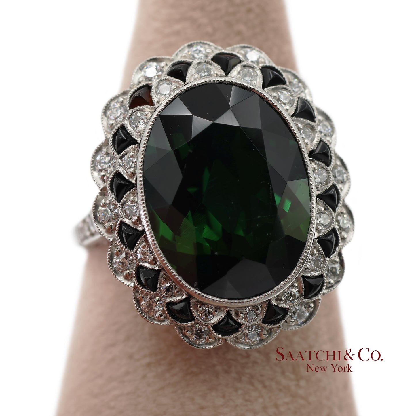 Vintage Platinum 950 Milgrain Natural Diamond and Tourmaline Ring