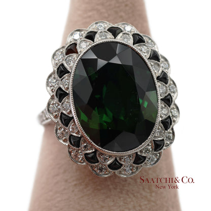 Vintage Platinum 950 Milgrain Natural Diamond and Tourmaline Ring