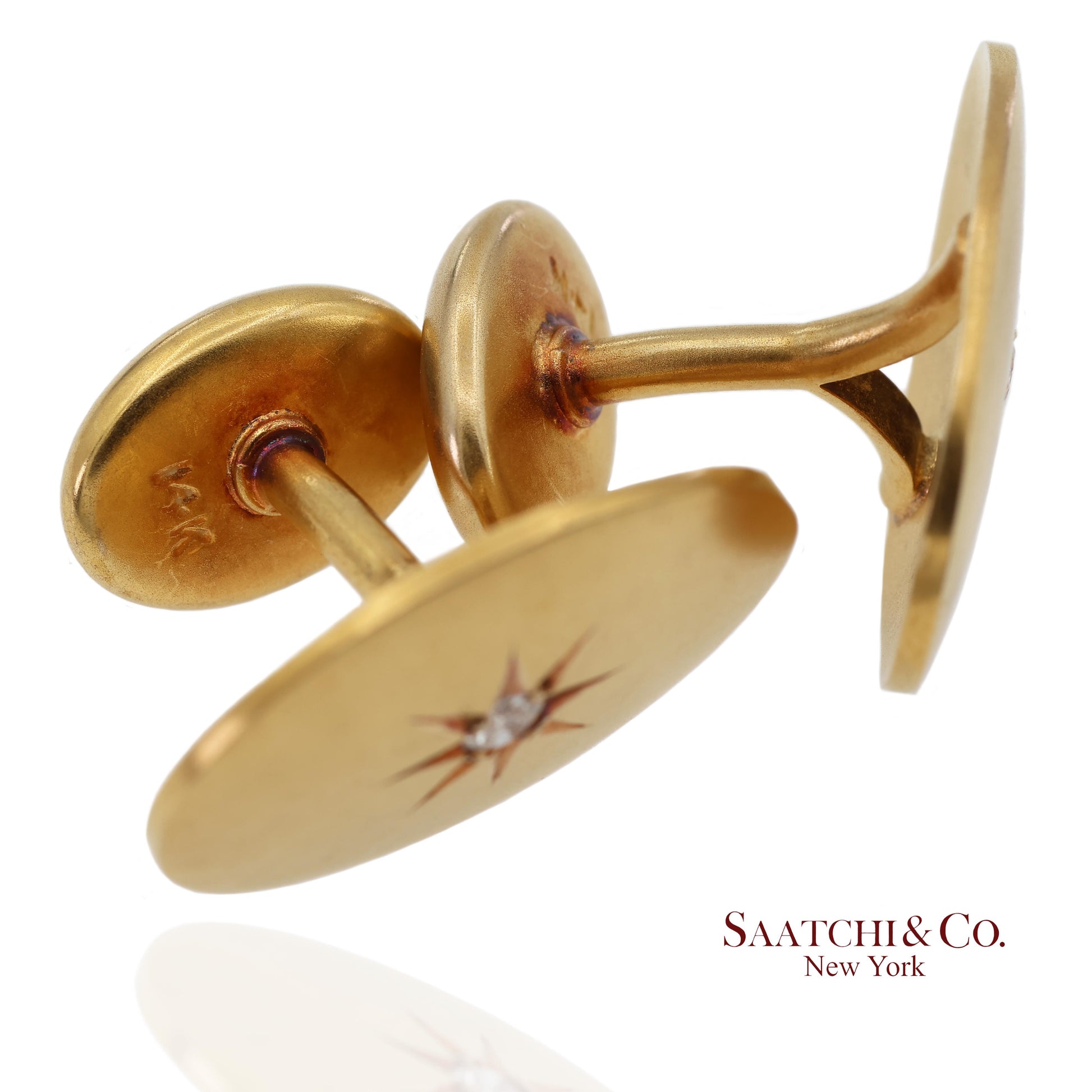 Vintage 14K 585 Solid Yellow Gold Old Cut Natural Diamond Cufflinks