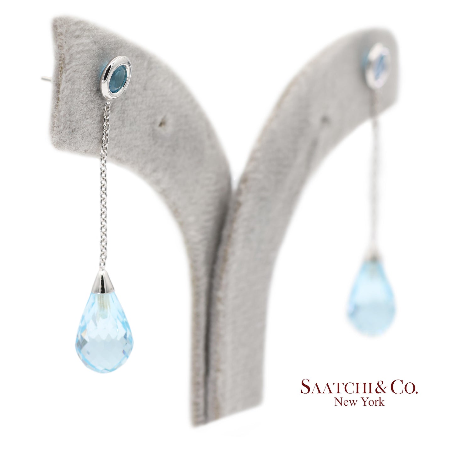 18K 750 Solid White Gold Blue Topaz Drop Earrings