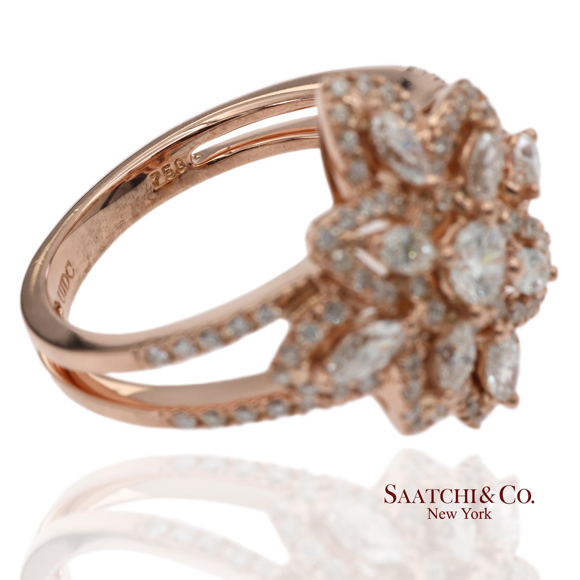18K 750 Solid Rose Gold Floral Natural Diamond Ring