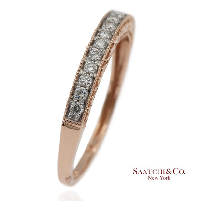 14K 585 Solid Rose Gold Engraving and Milgrain Natural Diamond Band Ring