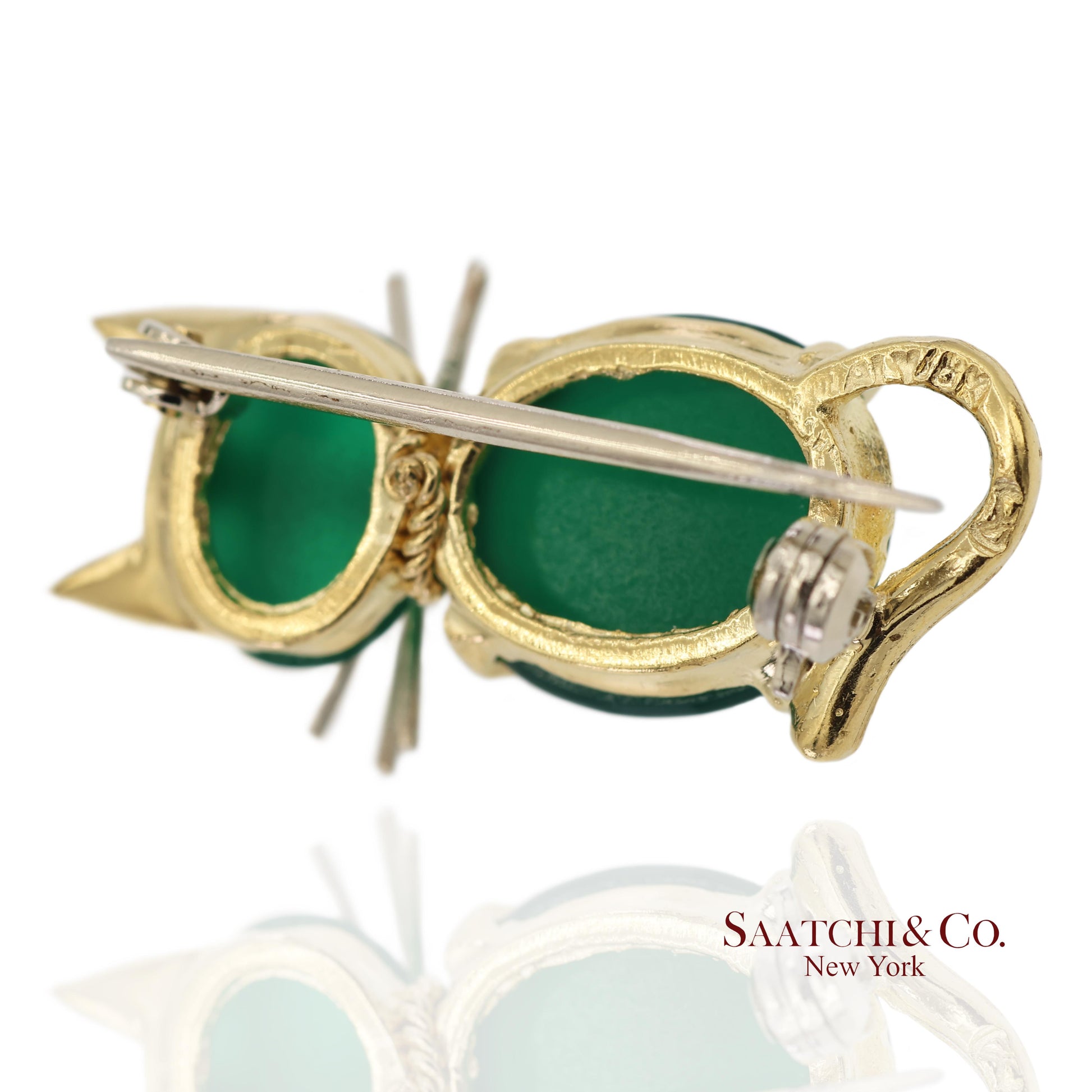 18K 750 Solid Yellow Gold Natural Ruby Eyes & Green Gemstones Cat Pin Brooch