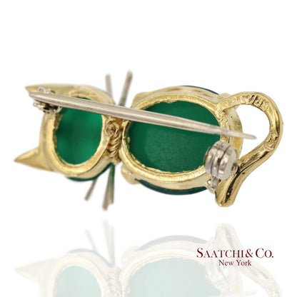 18K 750 Solid Yellow Gold Natural Ruby Eyes & Green Gemstones Cat Pin Brooch