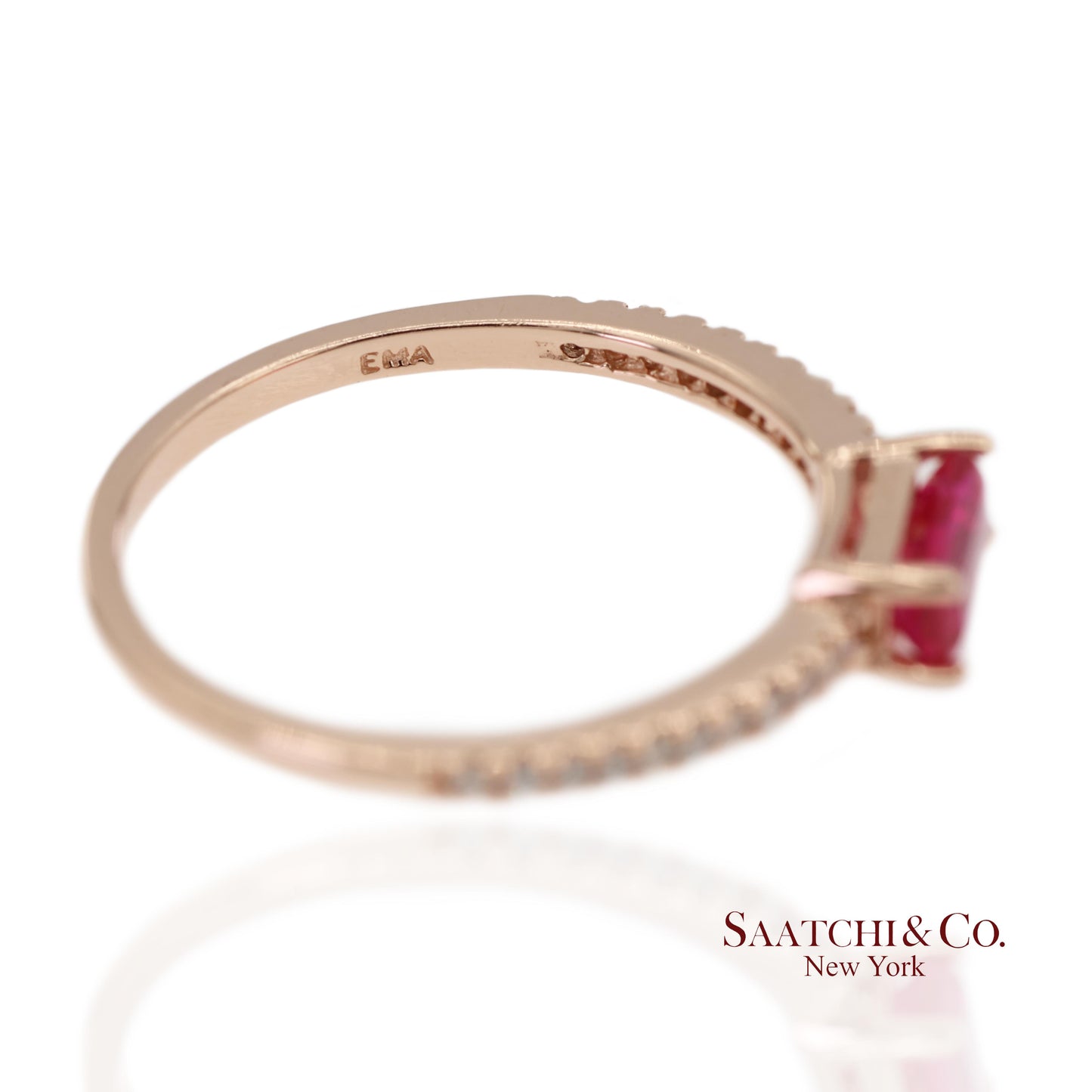 14K 585 Solid Rose Gold Pink Baguette Cut Stone and Natural Diamond Ring