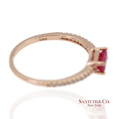 14K 585 Solid Rose Gold Pink Baguette Cut Stone and Natural Diamond Ring