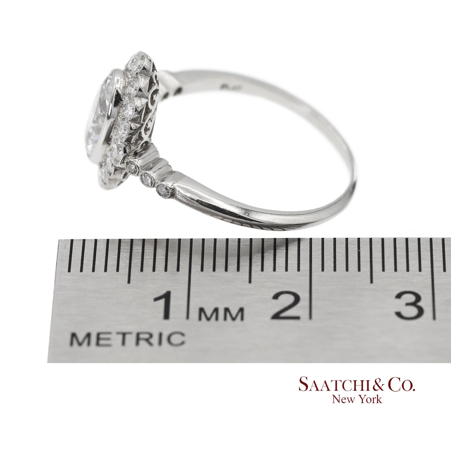 Vintage Platinum 900 Natural Diamond Milgrain Oval Shape Engagement Band Ring