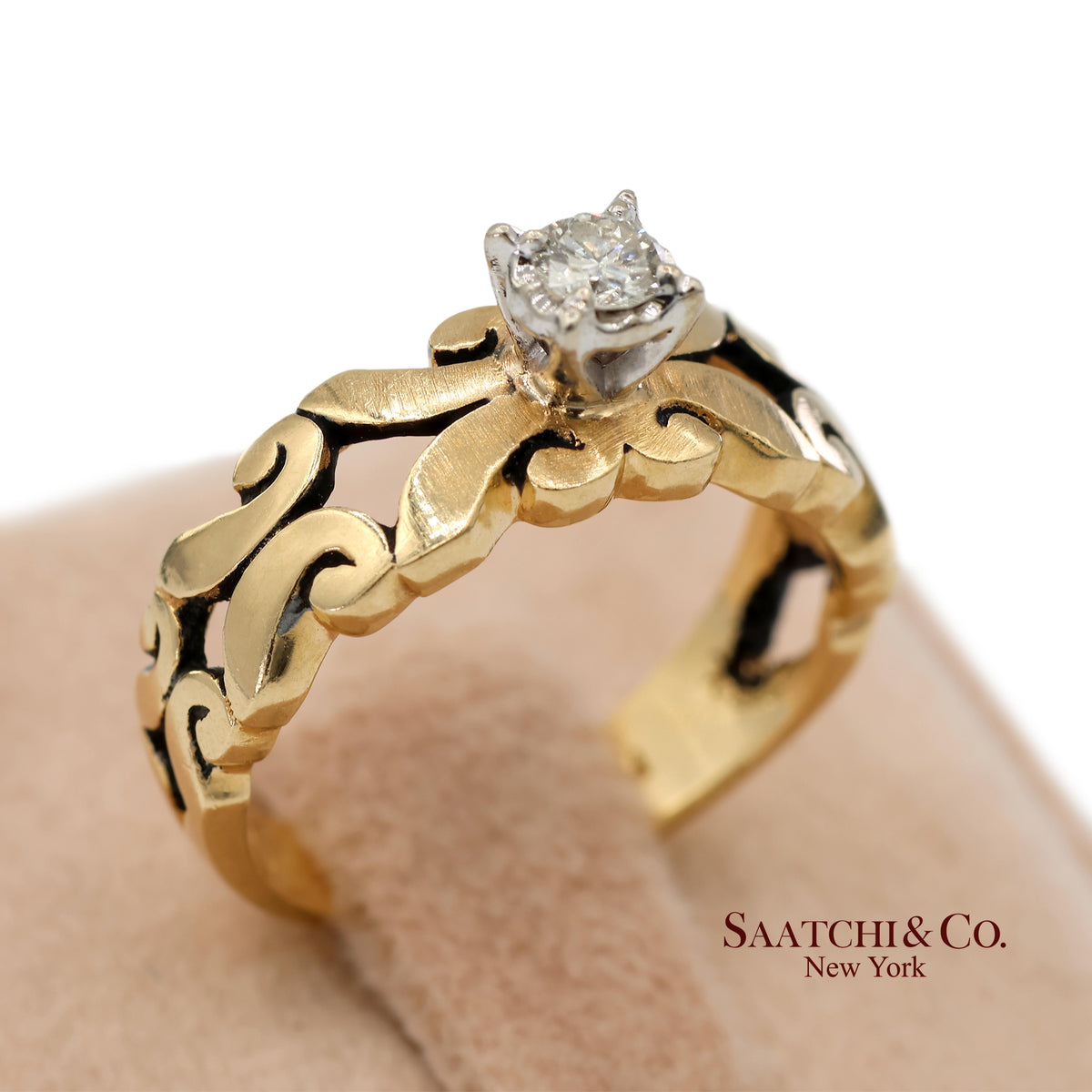 0.13 Ct Natural Diamond 14K Yellow Gold Openwork Scroll Design Ring