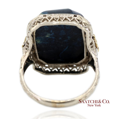 Vintage 14K Two Tone Yellow and White Gold Blue Stone Ornate Floral Motif Ring