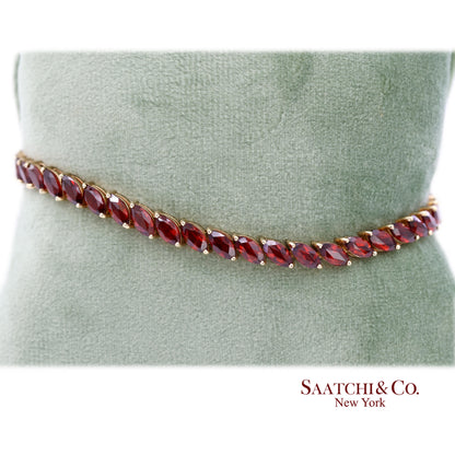 Vintage 14K 585 Solid Yellow Gold Red Garnet Marquise Cut Tennis Bracelet