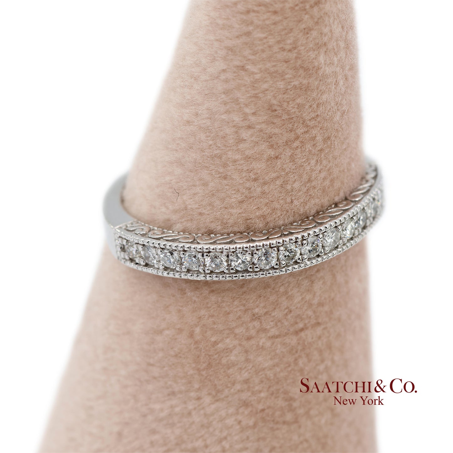 14K 585 Solid White Gold Side Engraving Milgrain Natural Diamond Band Ring