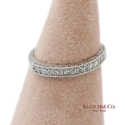 14K 585 Solid White Gold Side Engraving Milgrain Natural Diamond Band Ring
