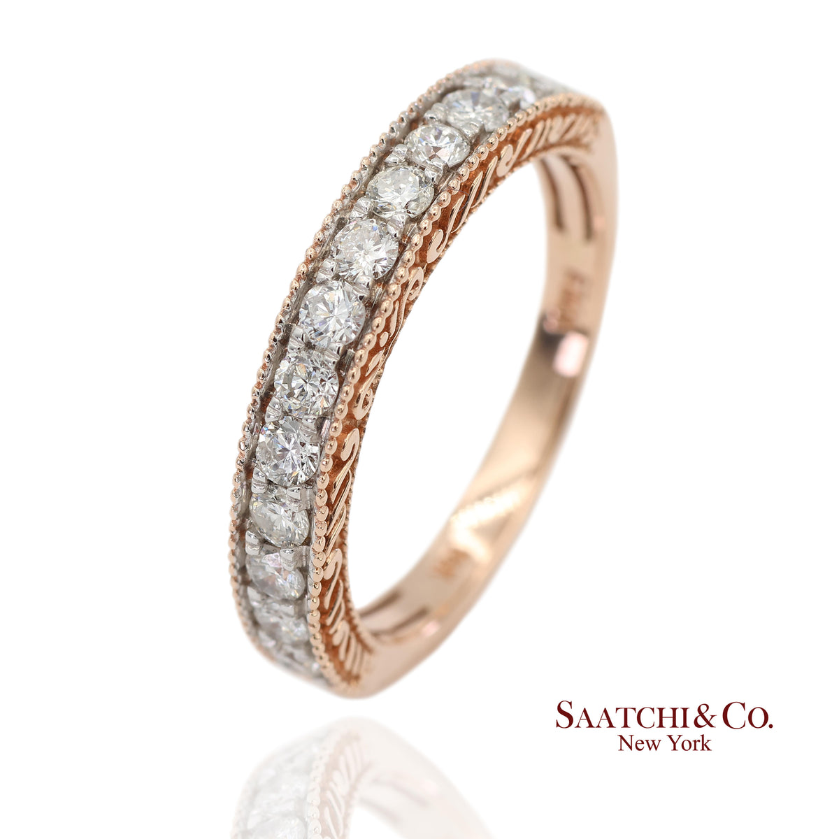 14K 585 Rose Gold Natural Diamond Milgrain Engraved Band Ring