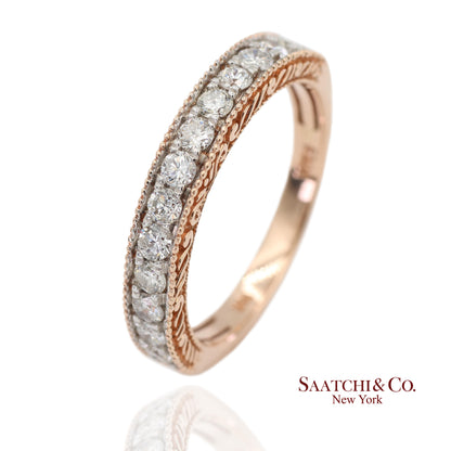 14K 585 Rose Gold Natural Diamond Milgrain Engraved Band Ring